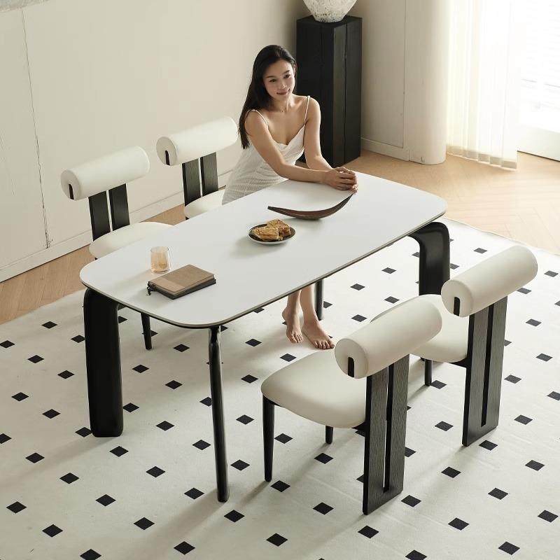 新款岩板餐桌奶油风现代简约小户型家用白蜡木大象腿餐桌椅组合