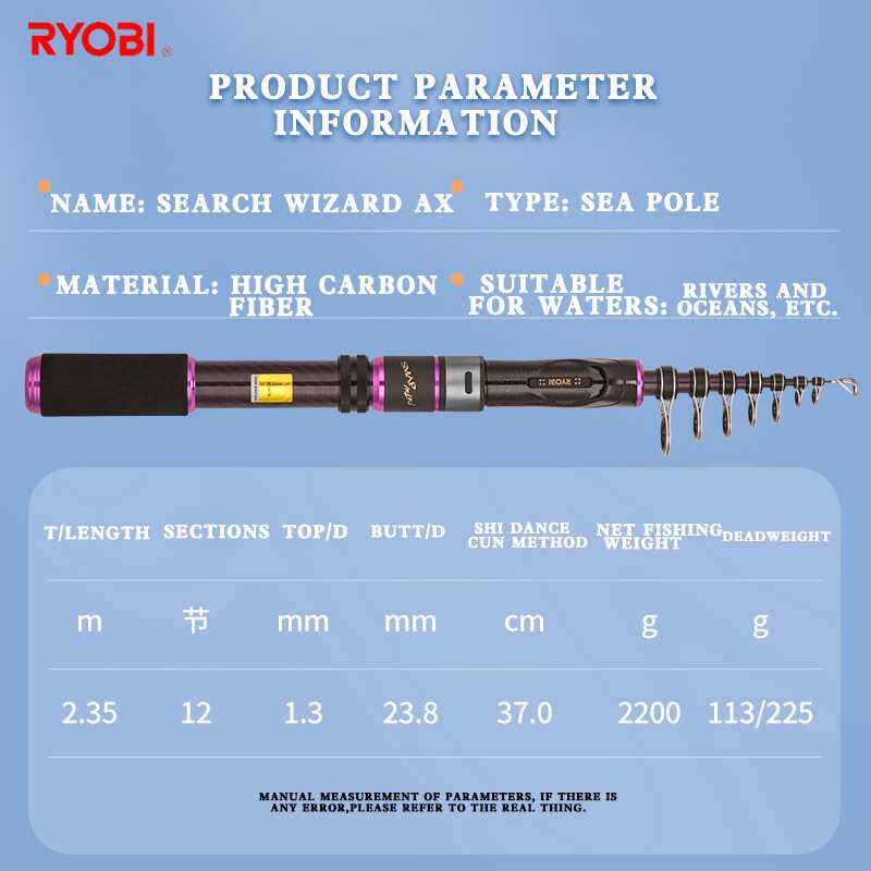 RYOBI利优比海竿2.4米仅34cm超短节便携迷你高碳海杆远投套装fuji