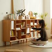 盼居实木榉木书柜实木落地书架客厅靠墙柜儿童书柜矮柜组合格子柜