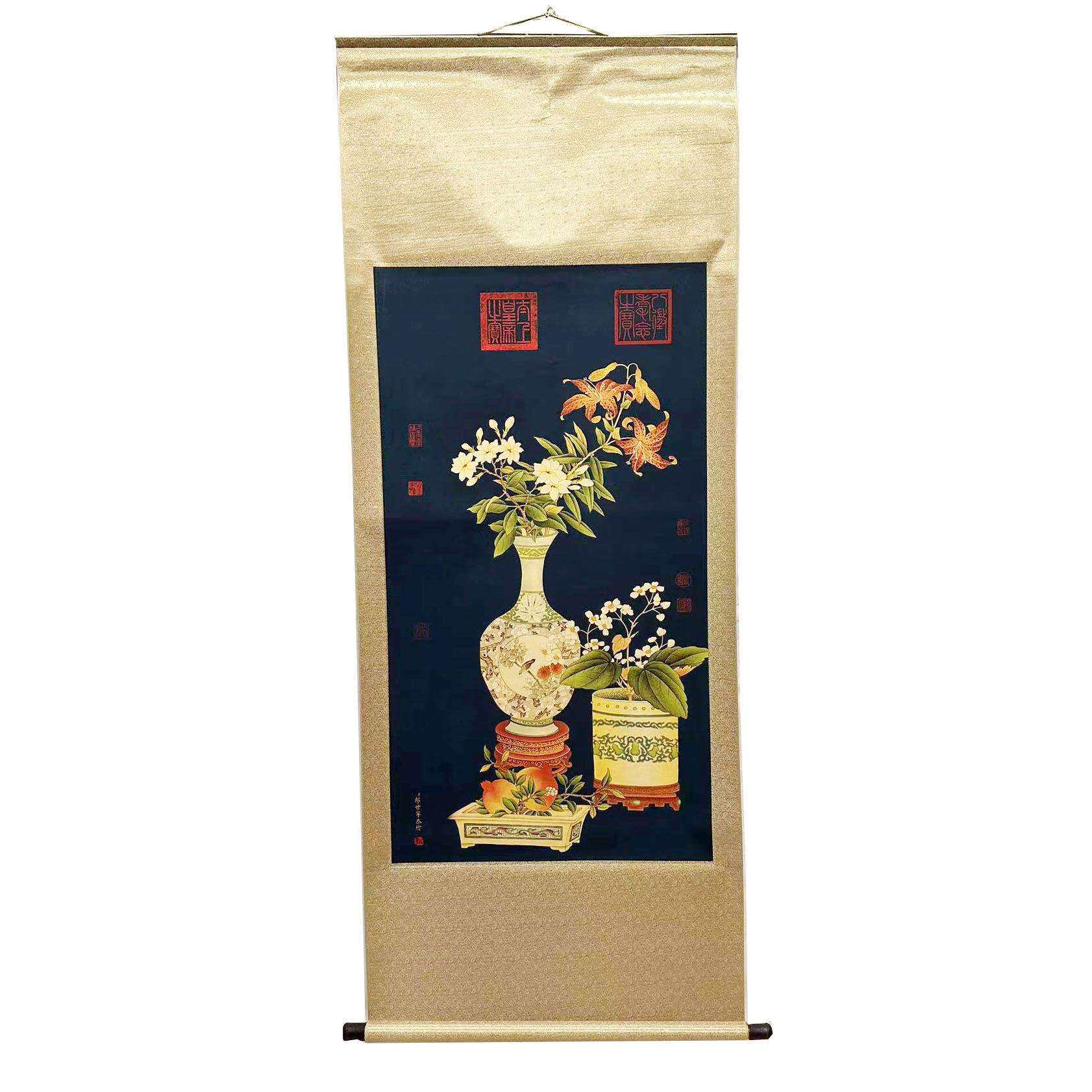 仿古山水书法字画慈禧花瓶仿古汉柏装饰字画花鸟画国画 厂家