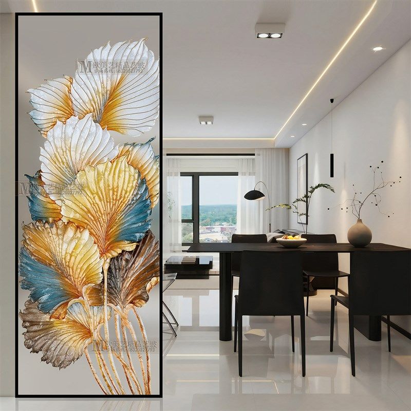 银杏叶手绘珐琅彩艺术玻璃屏风隔断客H厅别墅入户门轻奢玄关透光