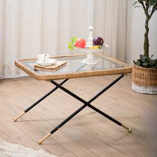 藤编铁艺茶几 长方形可拆装玻璃铁艺边几 简约小户型起居室咖啡桌