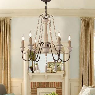 北欧宫廷风复古实木灯北欧餐厅吊灯尖顶卧室吊灯轻奢法式木珠吊灯