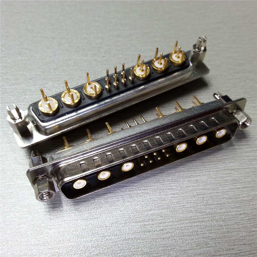 混合D-SUB 13W6射频同轴直插公座 带鱼叉铆锁13W6同轴信号连接器