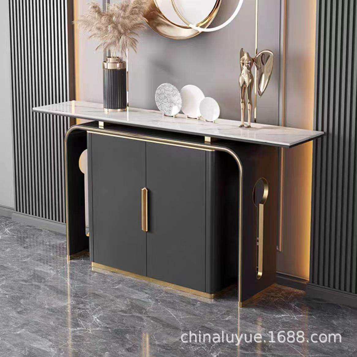 新中式玄关柜轻奢实木餐边柜样板间设计入户正对门客厅岩板装饰柜