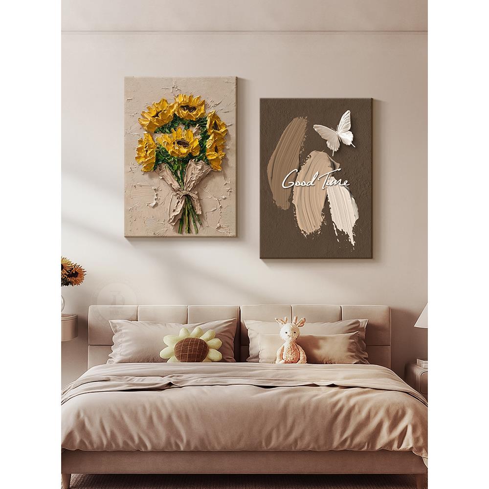 高级感花卉卧室床头装饰画抽象肌理房间挂画浮雕立体感客厅组合画图片
