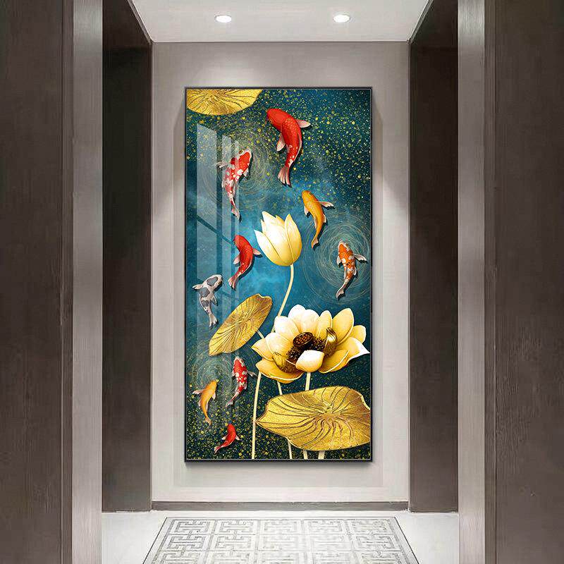 北欧入户玄关装饰画竖版玄幻九鱼图挂画中式轻奢走廊过道竖版壁画