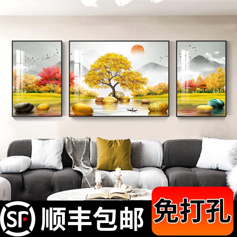 黄金满地客厅沙发背景墙装饰画北欧轻奢大气山水画金色石头树挂画