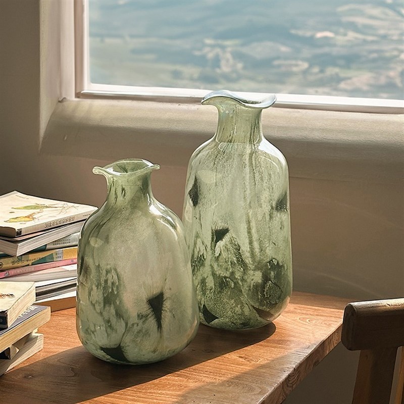 绿色中古玻璃花瓶摆件创意水养客厅电视柜玄关插花装饰品法式琉璃