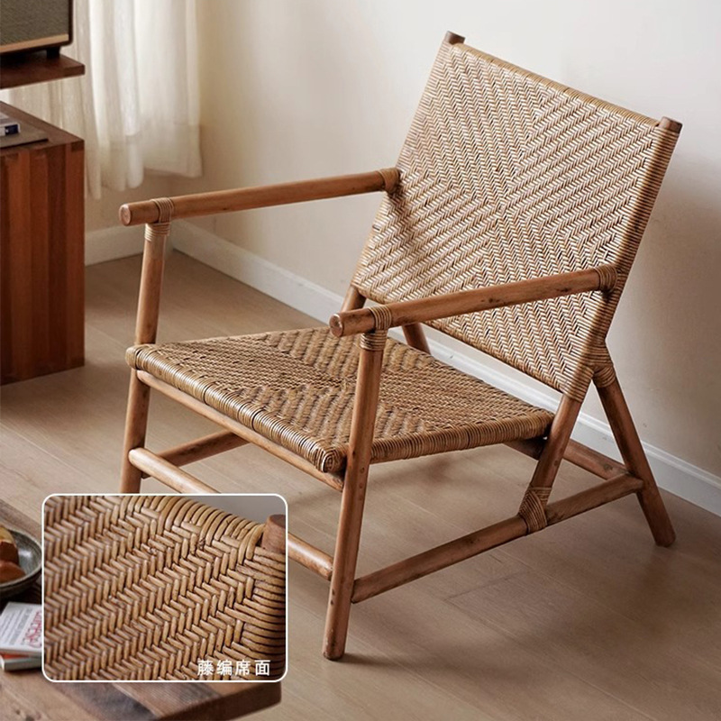 印尼真藤编扶手椅家用客厅阳台靠背椅简约单人沙发懒人设计师躺椅