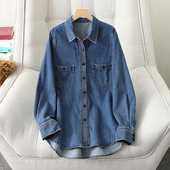 韩版 新款 宽松百搭叠穿小个子上衣潮 外套女2026春秋季 蓝色牛仔衬衫
