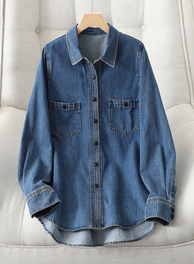 蓝色牛仔衬衫外套女2023春秋季新款韩版宽松百搭叠穿小个子上衣潮