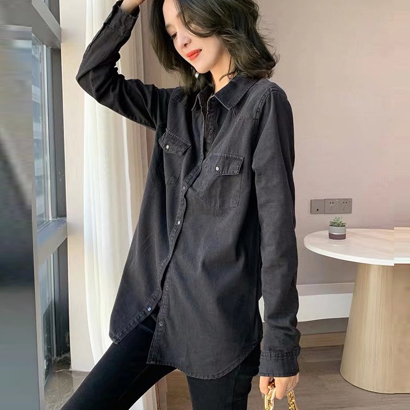 欧货洋气黑色牛仔衬衫女