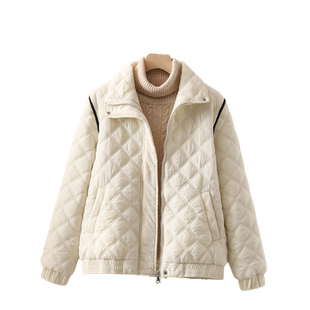 菱形格时尚气质短款羽绒棉服女2024冬季新款韩版立领保暖棉衣外套