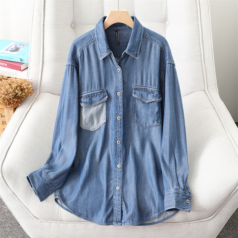 欧美春秋时尚宽松天丝牛仔衬衫女设计感条纹口袋显瘦休闲长袖衬衣