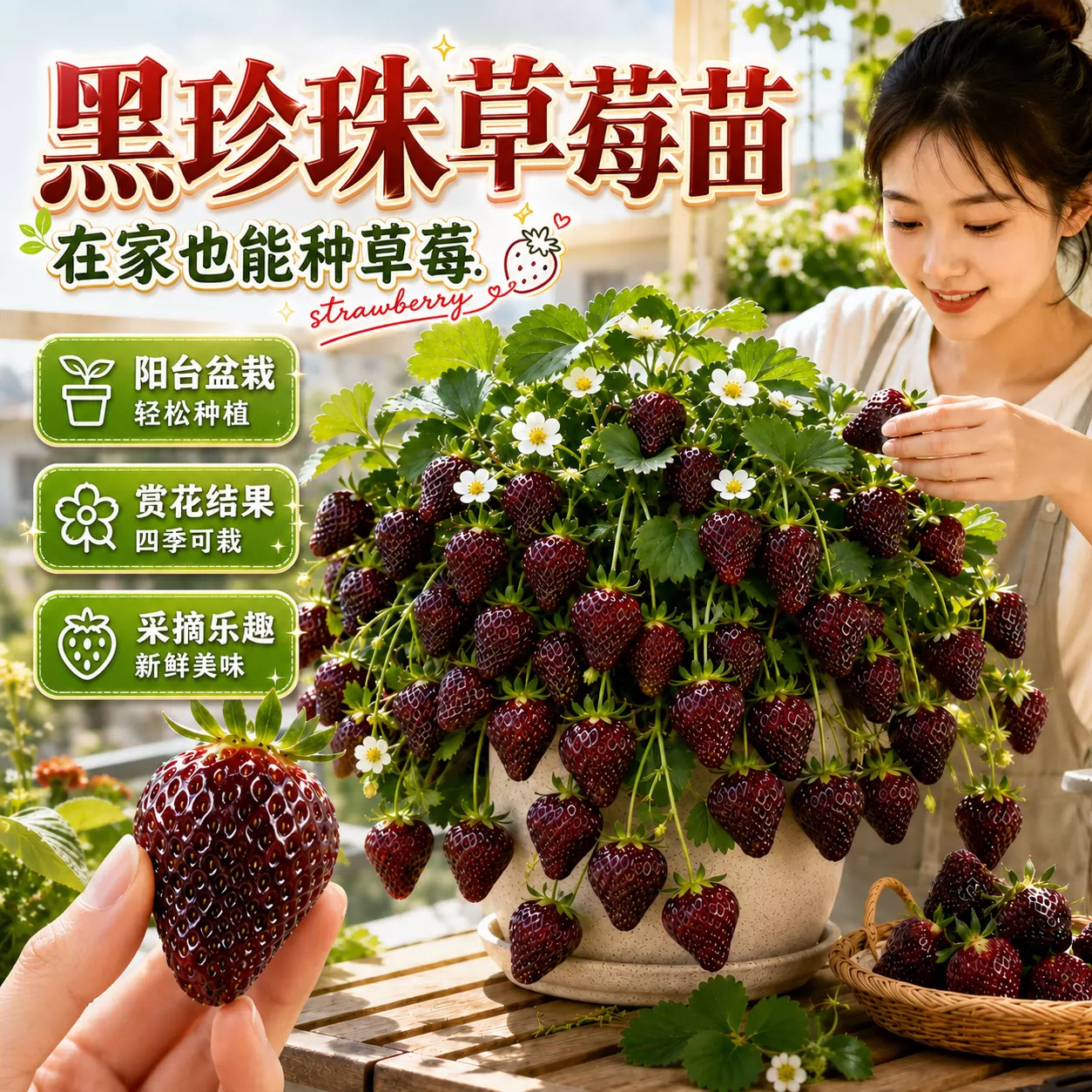 黑珍珠黑草莓苗秧盆栽奶油四季结果脱毒优质草莓新苗特大号果树苗