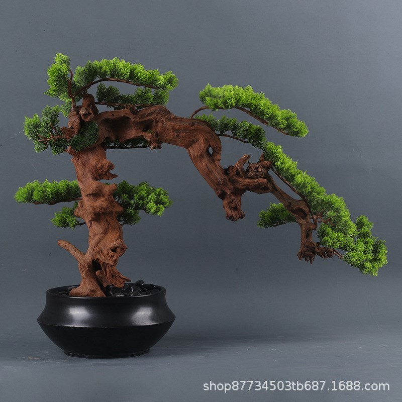 中式迎客松室内植物罗汉松摆件酒店装饰玄关样板间假松树仿真盆景