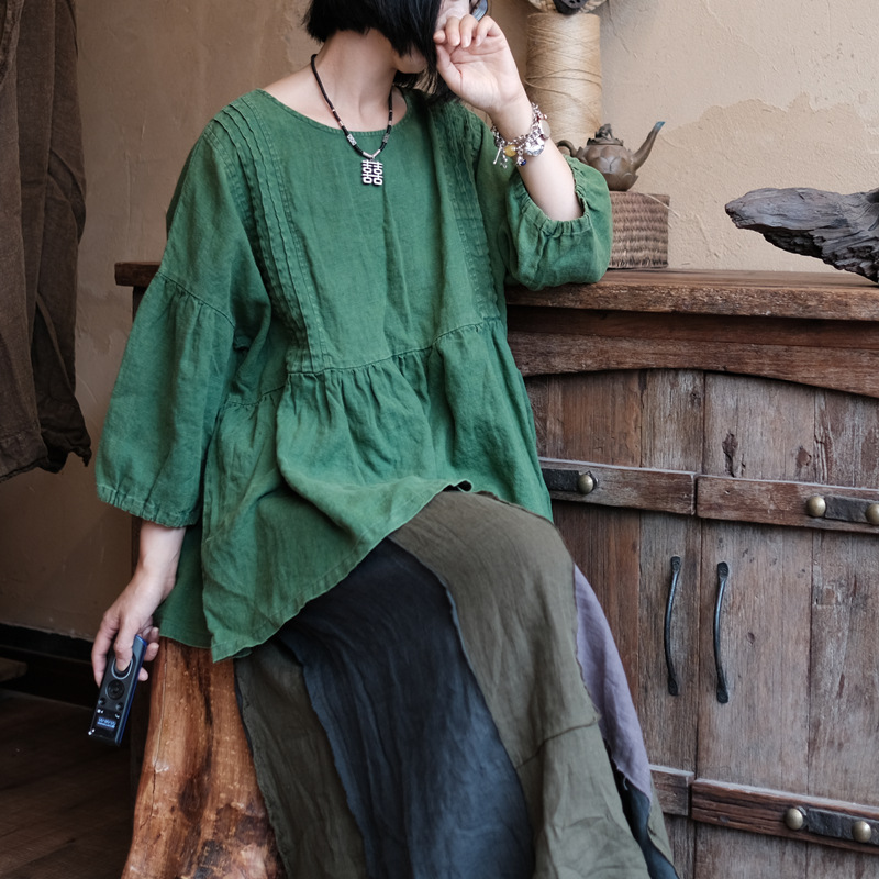 落古泥做旧雪花洗亚麻风琴褶文艺复古小衫1997旧绿
