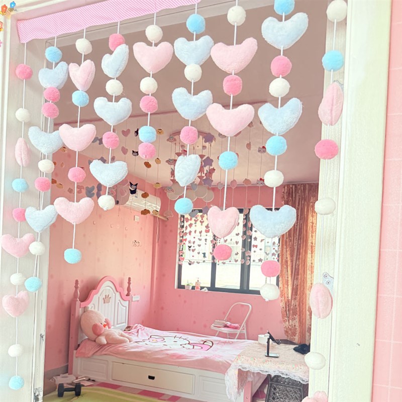 少女心韩式可爱粉色桃爱心免打孔挂件房门挂饰小门帘隔断吊帘线帘