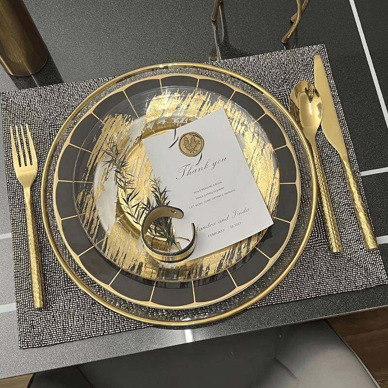轻餐奢西餐具大套装样板房盘摆台高档餐厅玻璃圆TPV家用黑金餐盘,餐饮具,盘,淘宝优惠券,粉丝福利购,淘宝优惠卷