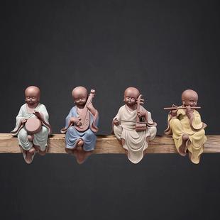 彩砂陶吹拉弹唱乐器小沙弥陶瓷摆件创意家居中式陶瓷装饰摆设