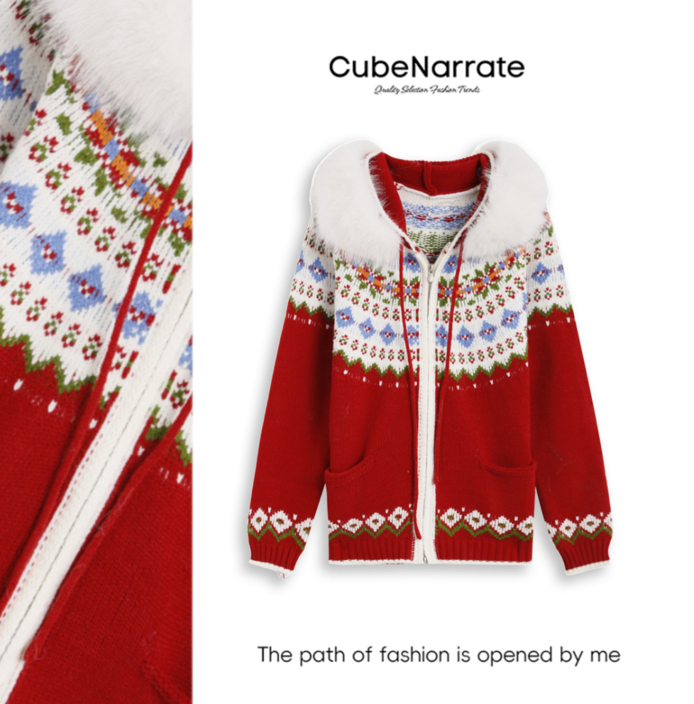 【年终庆典】枋叙【圣诞雪芙】可拆卸毛领拉链针织毛衣CN1202D059