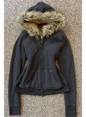 外贸美式要Y2K复古辣妹千禧vintage深灰色加绒毛领刺绣字母宽松冬