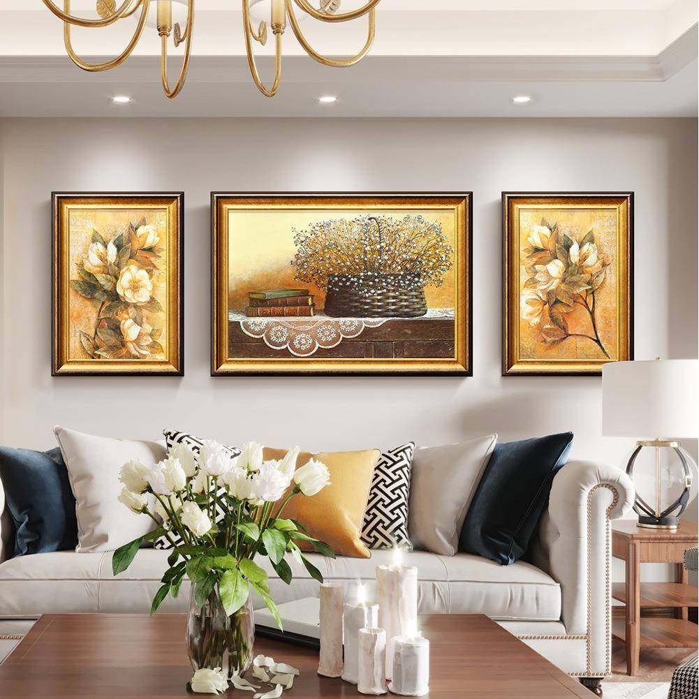 三联花卉欧式油画新中式沙发背景挂画简欧客厅装饰画美式静物壁画