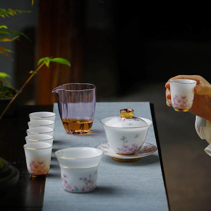 冰种羊脂玉茶具套装家用客厅办公室会客德化白瓷功夫陶瓷盖碗中式