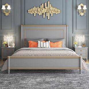 美式床实木床轻奢1.8米主卧原木双人床灰色高箱储物婚床现代简约