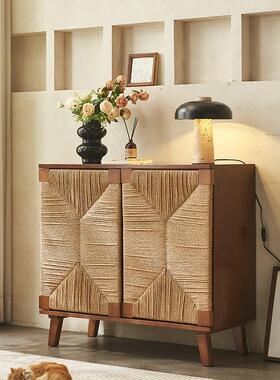 北欧实木藤编餐边柜日式简约储物收纳柜客厅玄关置物架家用茶水w&