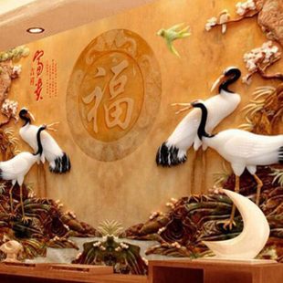 18d新中式鹤寿延年电视背景墙壁纸5d立体浮雕现代简约墙纸壁画