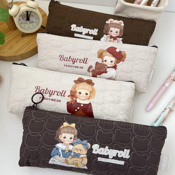 轻巧笔袋收纳化妆包复古可爱洋娃娃熊仔布艺绗缝刺绣印花文具学生