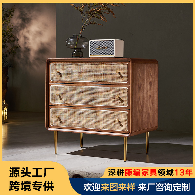 北欧简约现代储物柜卧室多功能床头柜藤编收纳柜子实木三四五斗柜