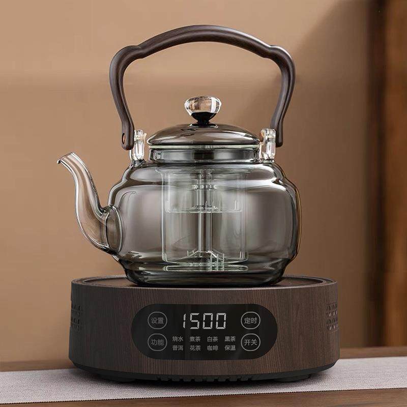 耐热星空提梁蒸煮高硼硅玻璃煮茶壶套装星空顶珠高端烟灰色