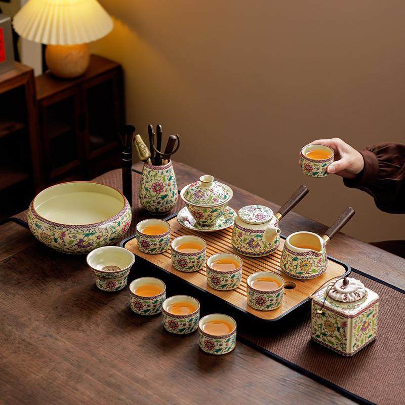 新中式黄汝窑花满枝侧把壶茶具套装可家用可养开片陶瓷品茗杯