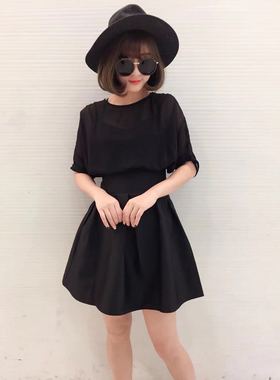 LiWai米滢夏季新款连衣裙66118小黑裙收腰遮肚显瘦性感拼接雪纺裙