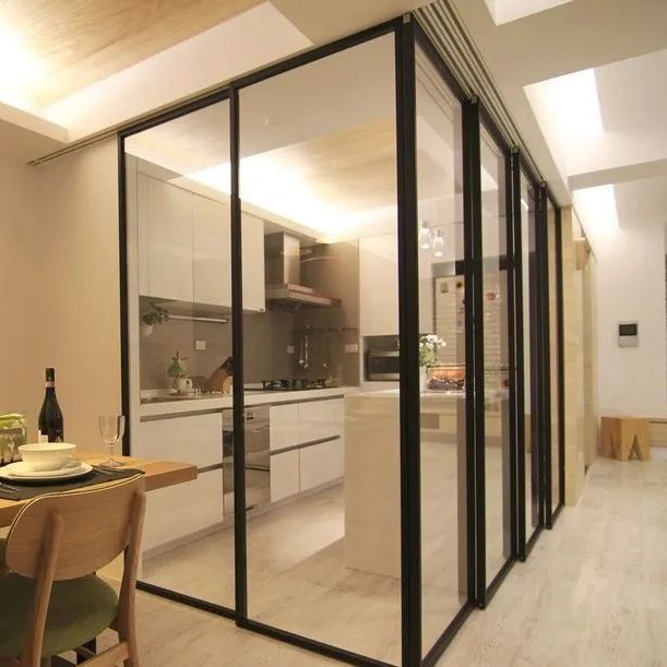 批发简约三轨三联动厨房推拉门阳台铝合金隔断门双层钢化玻璃门