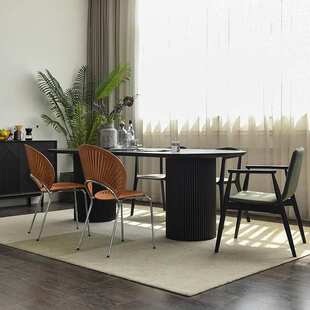 法式实木餐桌极简设计师椭圆形会议办公工作台黑色原木长条吃饭桌