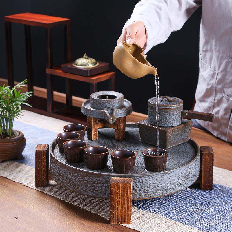 2U8K石磨茶盘简约陶瓷干泡茶台小型圆形泡茶托盘复古茶海家用功夫