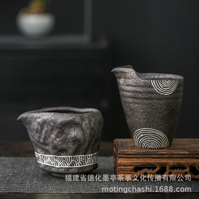 宋瑜日式粗陶茶海轻奢复古手工银作画公道杯家用鎏金釉分茶器
