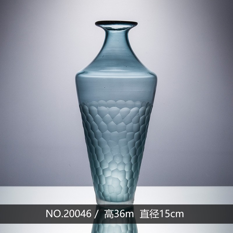 浅蓝磨刻细脖玻璃花瓶 水培富贵竹花器家居装饰摆件工艺品