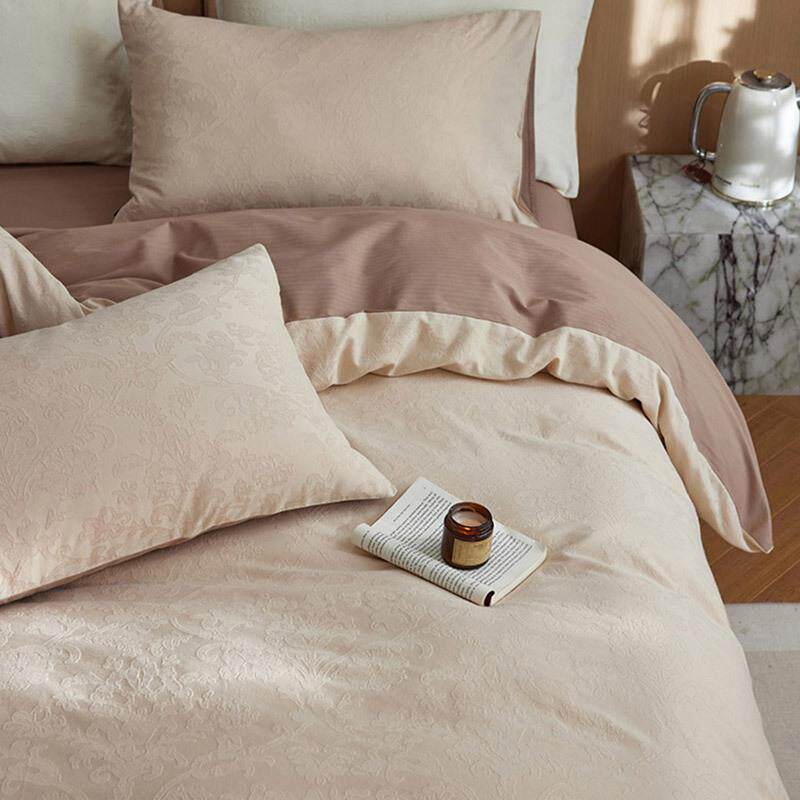A类复古全棉水洗提花磨毛四件套高级被套床上用品1.2床笠咖棕白色