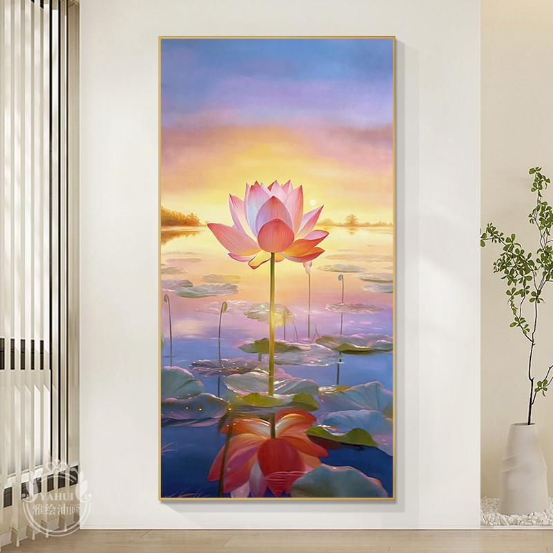 玄关荷花装饰画走廊过道花卉手绘油画入户楼梯寓意好挂画荷荷美美