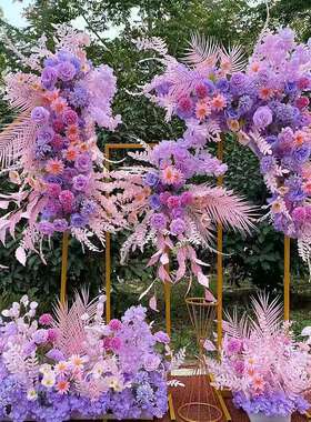 新款婚庆大款地排花仿真绢花成品装饰粉紫色花排T台路引婚礼花艺