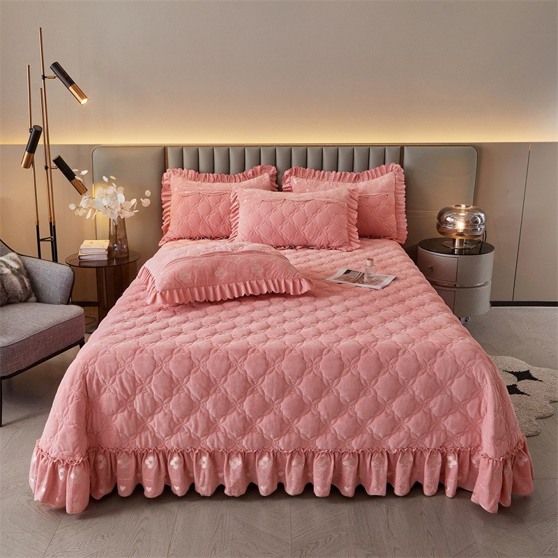 新款冬宝宝绒刺绣单床盖柔软舒适防尘隔脏床铺盖纯色百搭加绒加厚