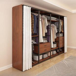 简约步入落地架子卧室金属铁艺框架挂衣架开放式衣帽间钢木衣柜子