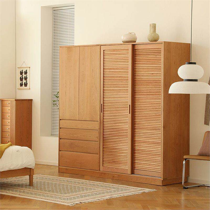 日式实木衣柜樱桃木北欧原木推拉百叶门移门储物柜卧室大衣橱简