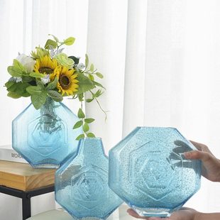 艺术风高级感摆件花瓶玄关装饰样板房客厅插花蓝色花瓶玻璃制品