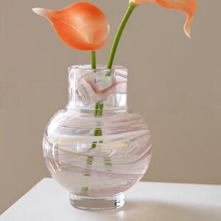 中古花瓶粉色云纹桌面琉璃小花瓶家居玻璃插花器极简复古法式